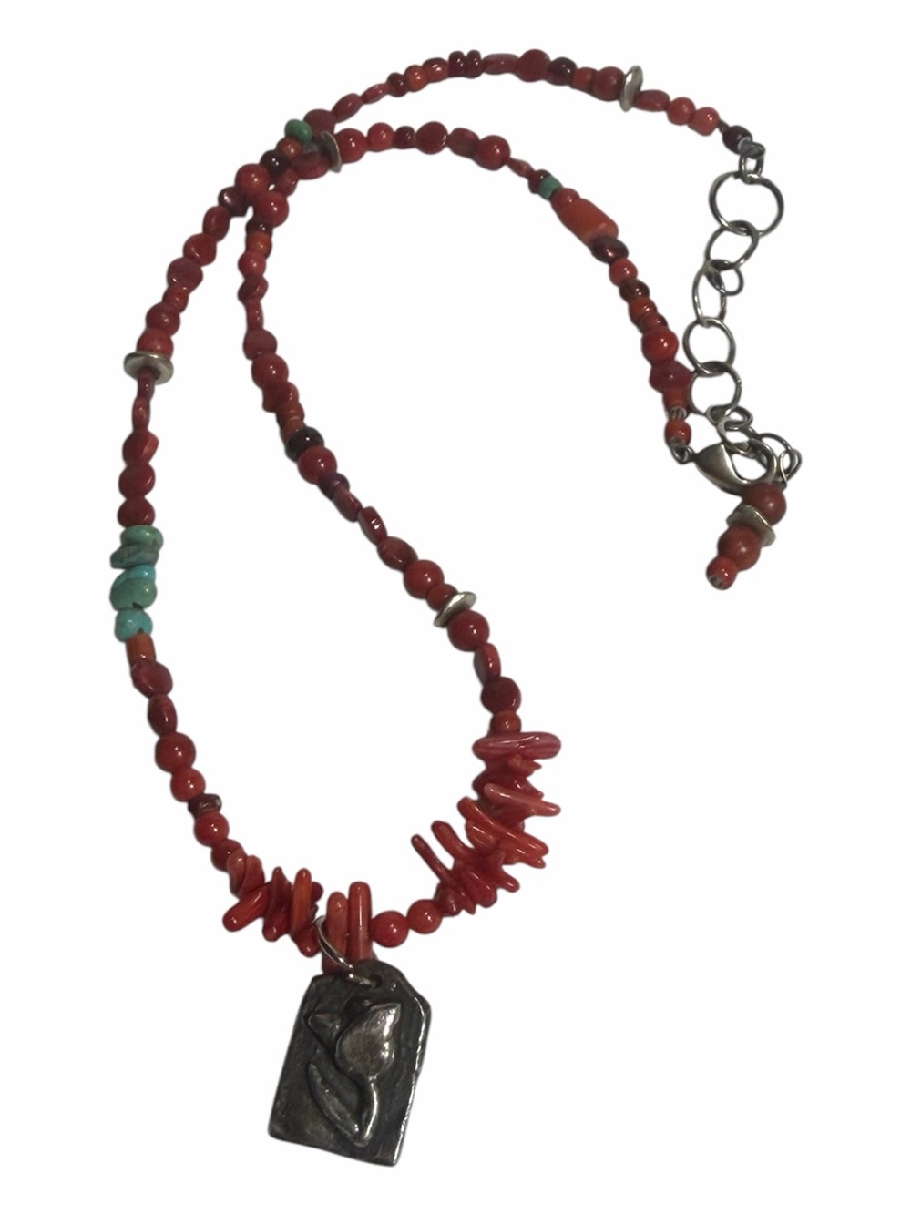 Southwestern Boho Faux Coral & Turquoise Necklace Signed Lily Motif Pendant